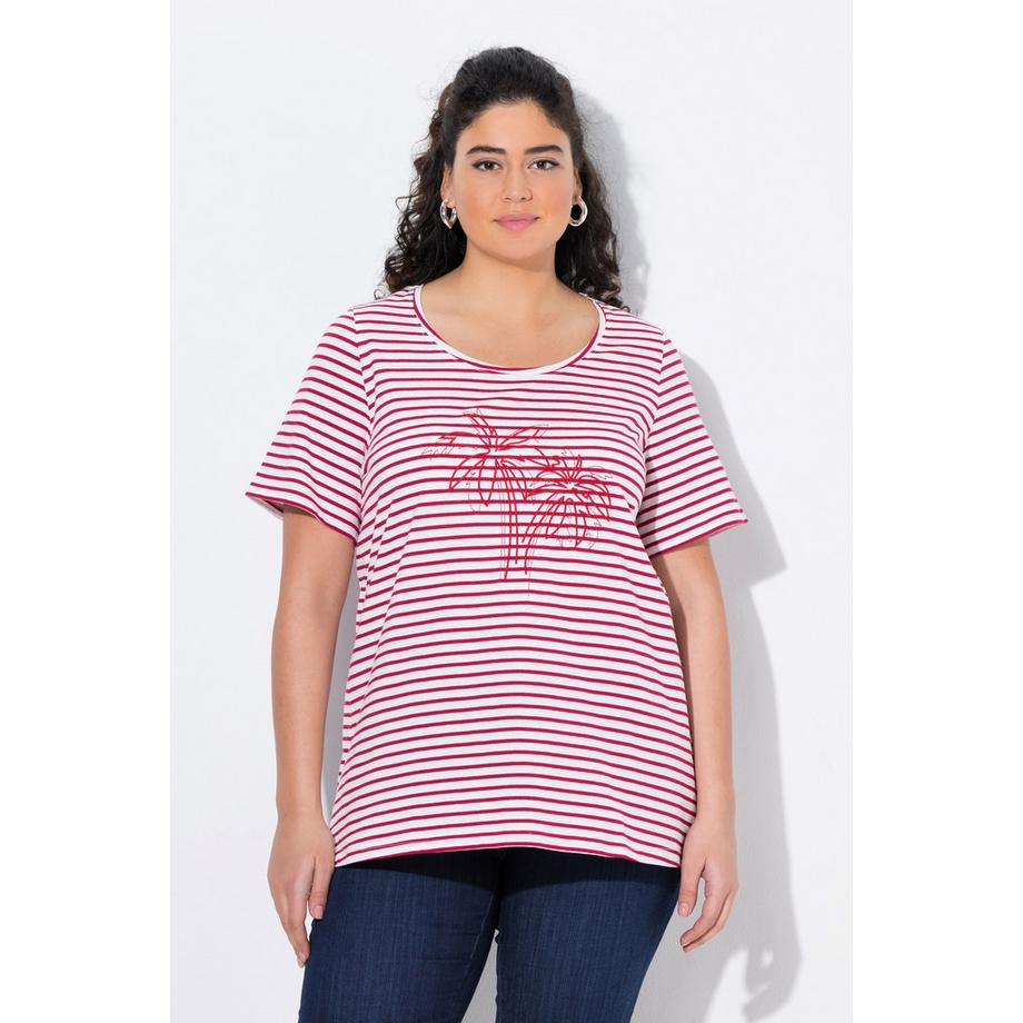 Ulla Popken T-shirt Righe Ricamo Palma Girocollo Maniche Corte  