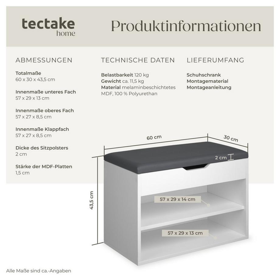 Tectake Schuhbank Jasmina mit Sitzpolster  