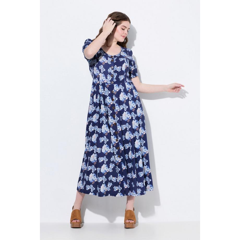 Ulla Popken Robe Maxi Lin Mélangé Col Rond Manches Courtes avec Poches  