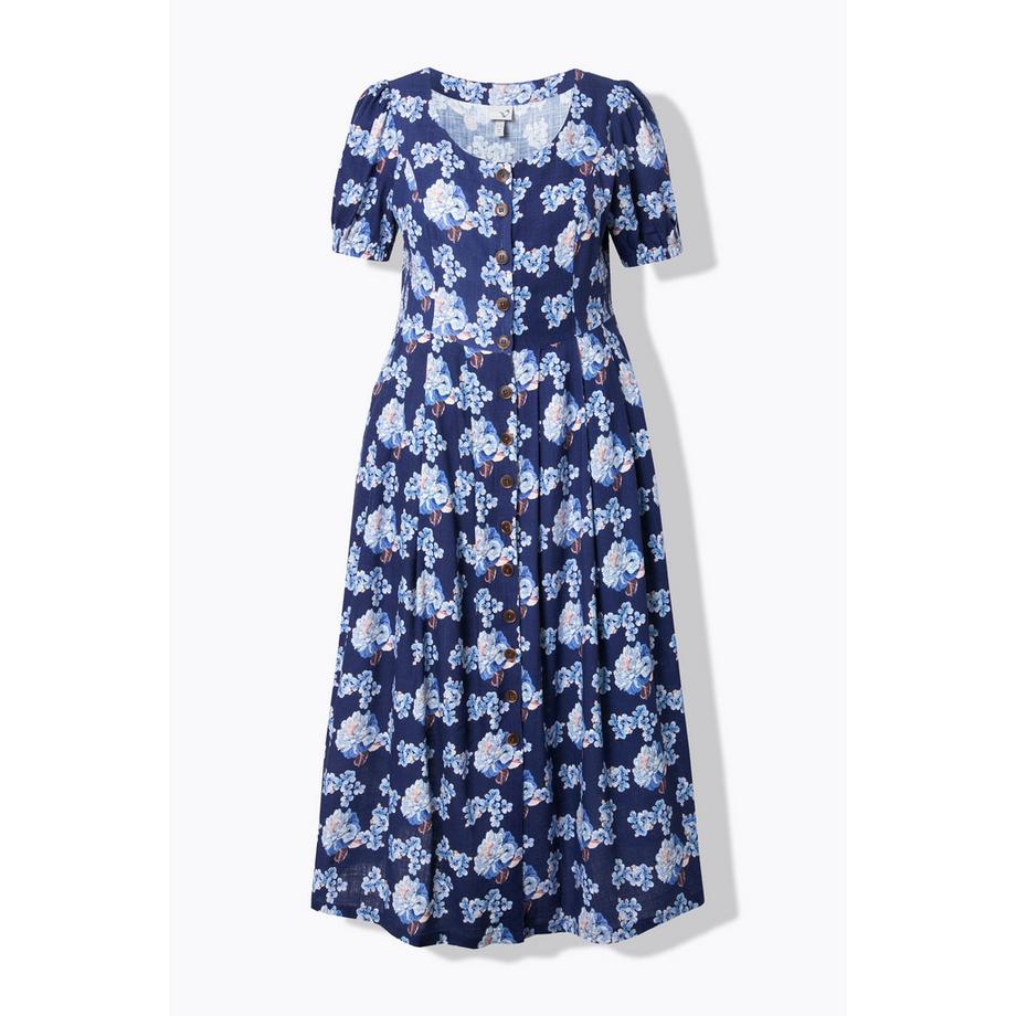 Ulla Popken Robe Maxi Lin Mélangé Col Rond Manches Courtes avec Poches  