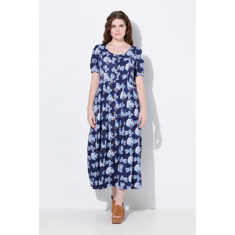 Ulla Popken Robe Maxi Lin Mélangé Col Rond Manches Courtes avec Poches  