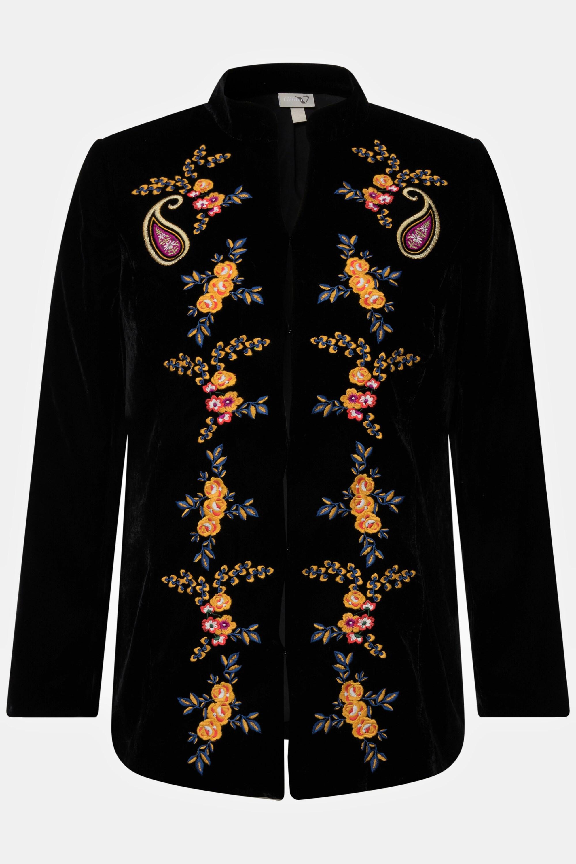 Ulla Popken  Blazer en velours à col montant et fermeture à agrafes, broderie florale 