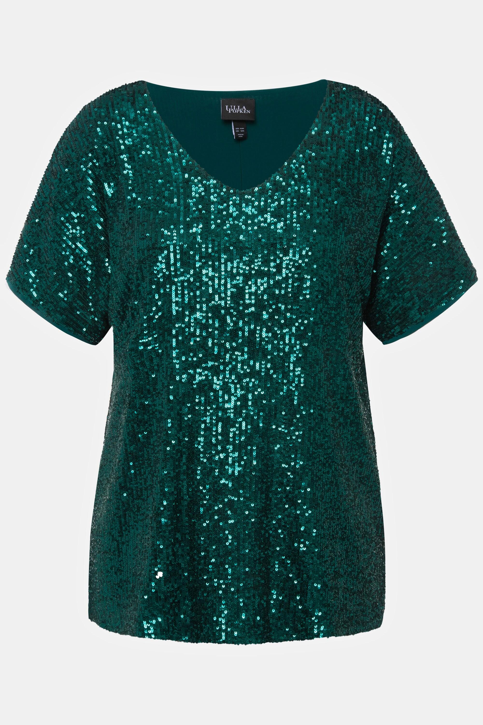 Ulla Popken  Maglia dal taglio oversize con paillettes, scollo a V e mezze maniche 