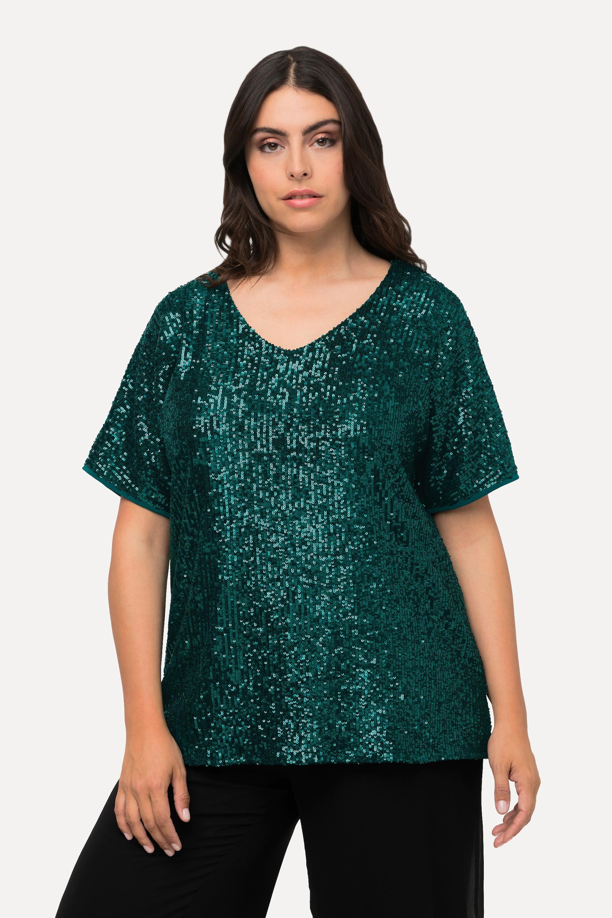 Ulla Popken  Maglia dal taglio oversize con paillettes, scollo a V e mezze maniche 