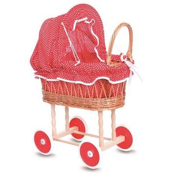 Egmont Toys Chariot de poupée en osier 44x28x58 cm, revêtement à pois rouge/blanc
