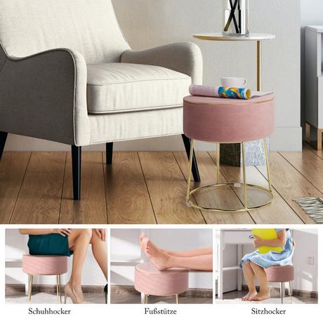 B2X Tabouret rond en velours avec pieds en métal, tabouret de dressing rembourré  