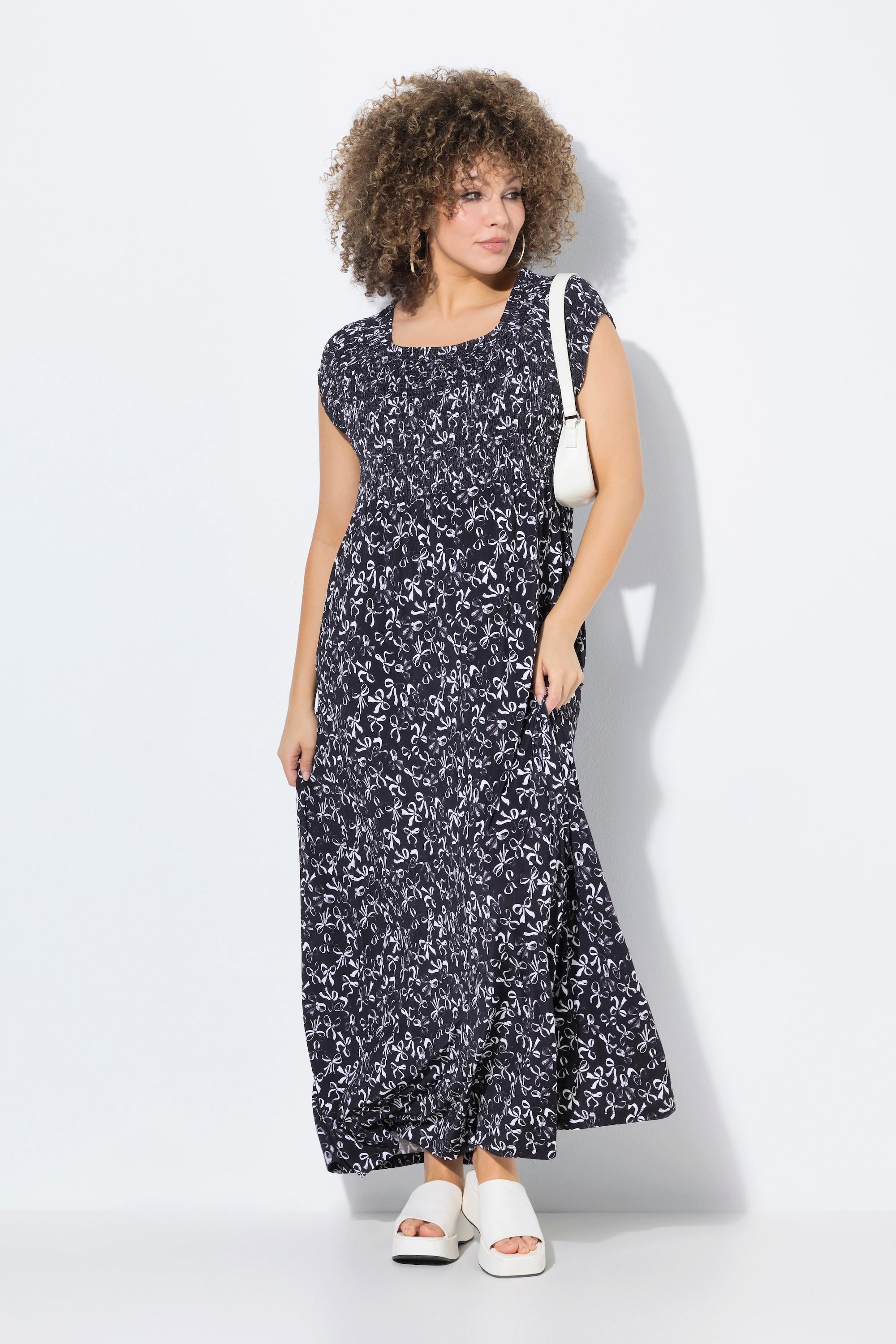 Ulla Popken Abito Smock Fiocchi Linea A Scollo Quadrato Mezza Manica  