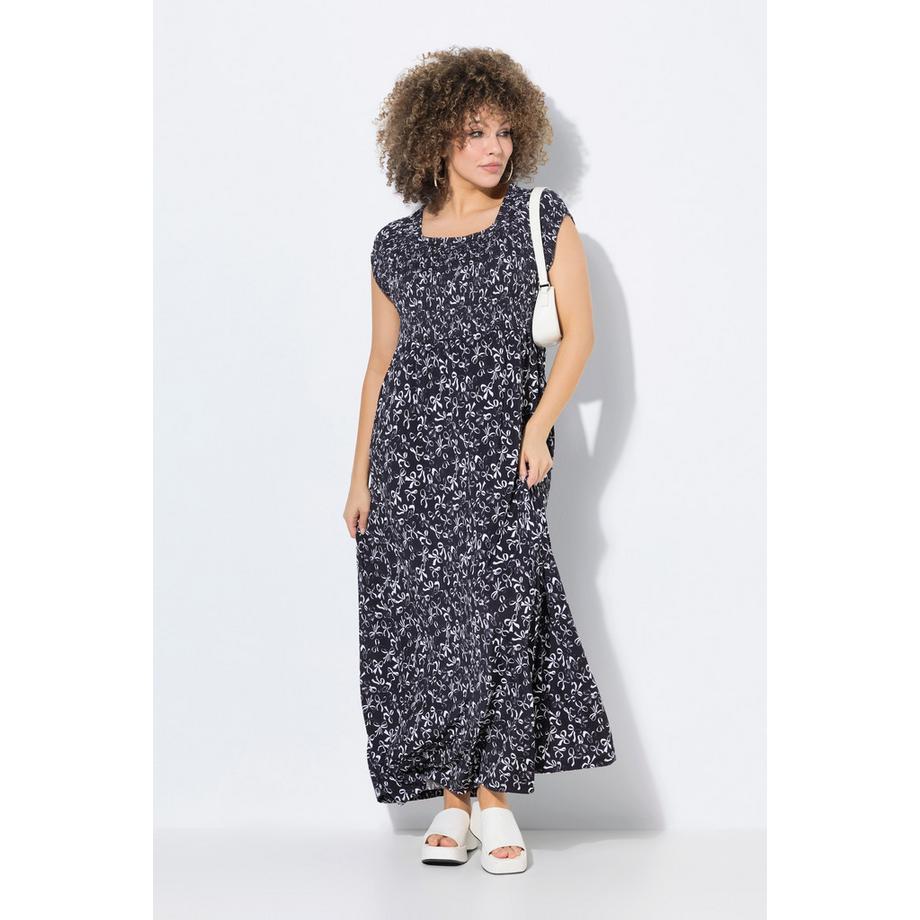 Ulla Popken Robe Smockée Nœuds Coupe Évasée Décolleté Carré Manches Courtes  