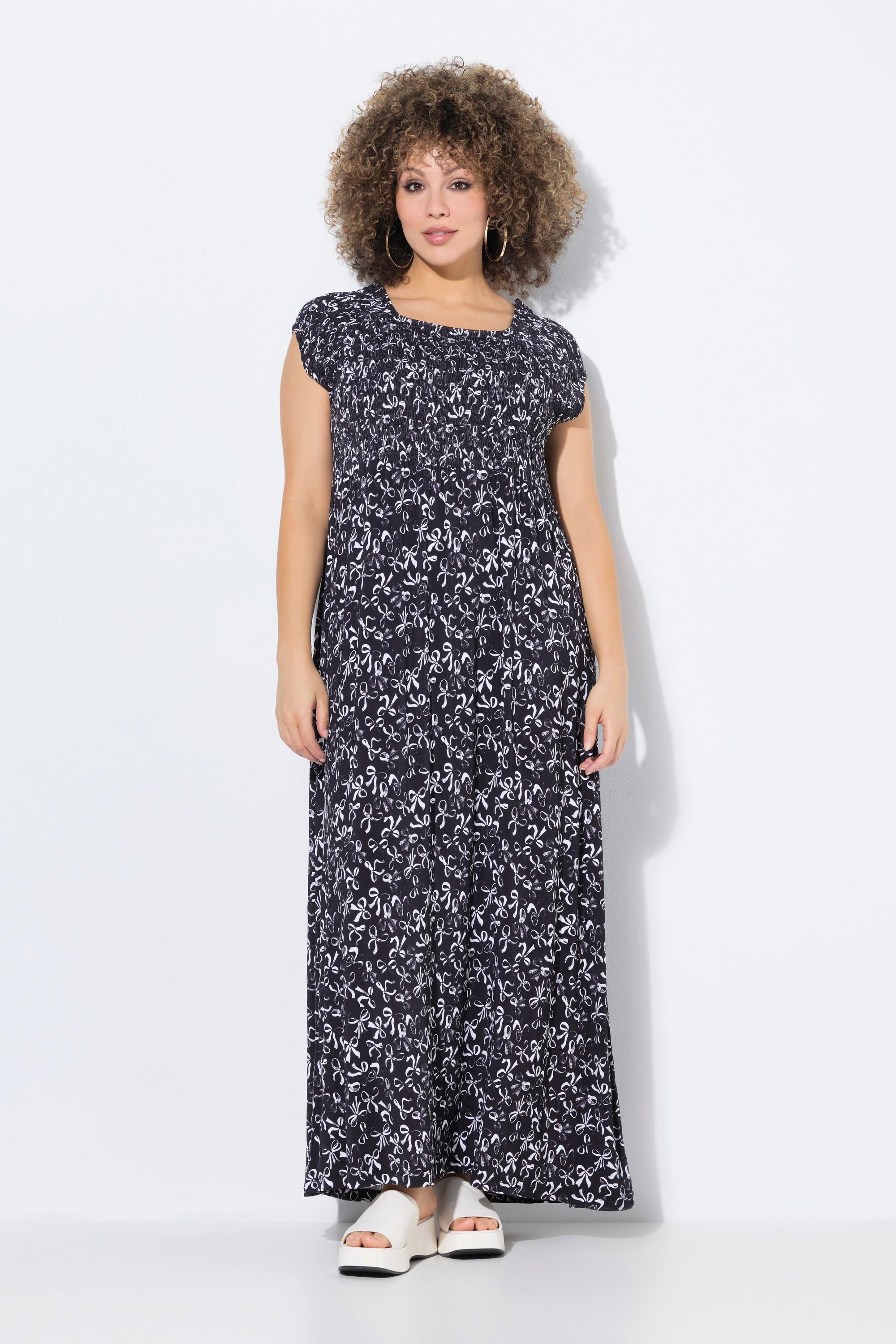 Ulla Popken Abito Smock Fiocchi Linea A Scollo Quadrato Mezza Manica  