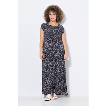 Robe smockée, motif nœuds. Encolure carrée et manches courtes. Coupe évasée