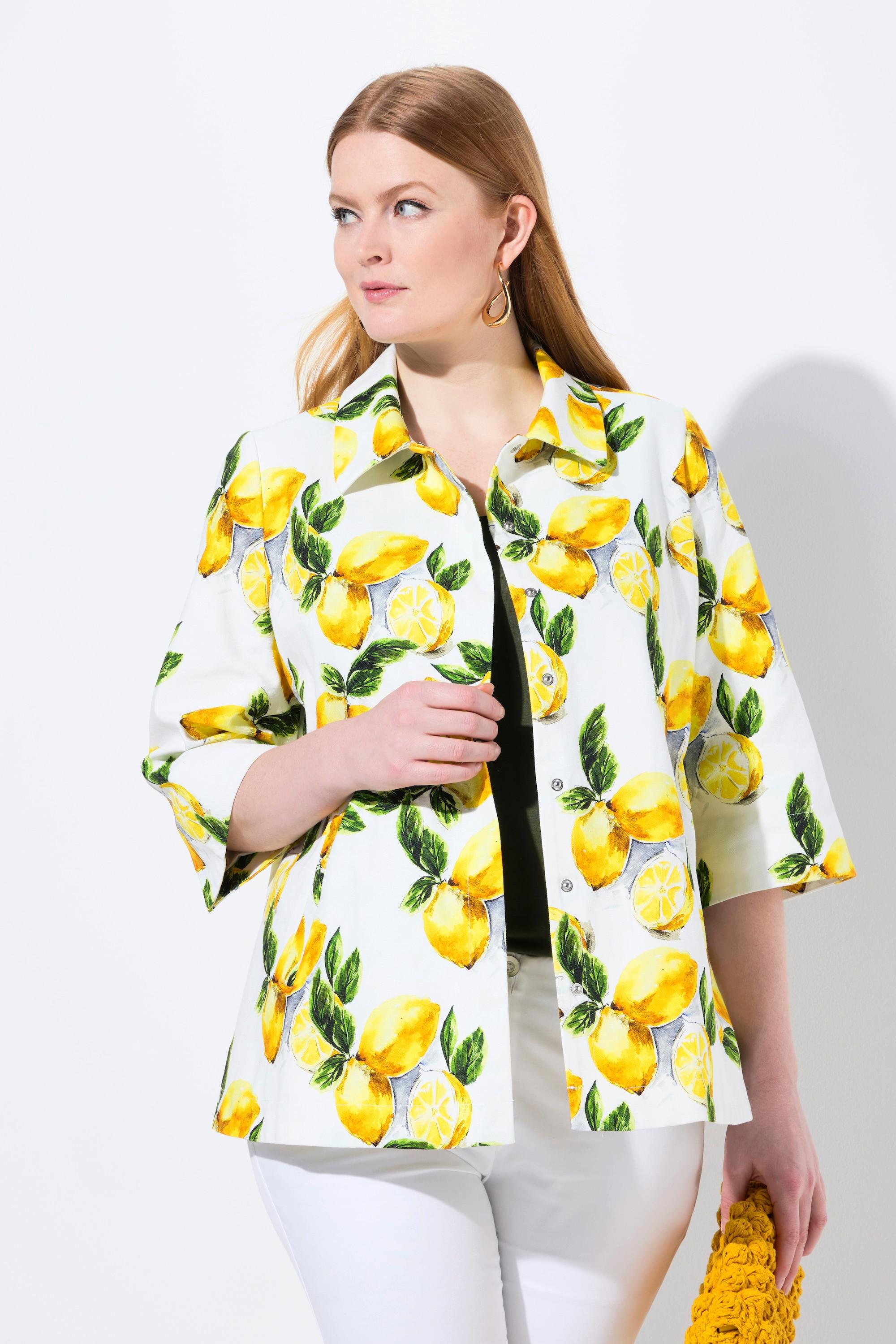 Ulla Popken Giacca Stampa Limoni A-Line Collo Camicia Maniche 3/4  