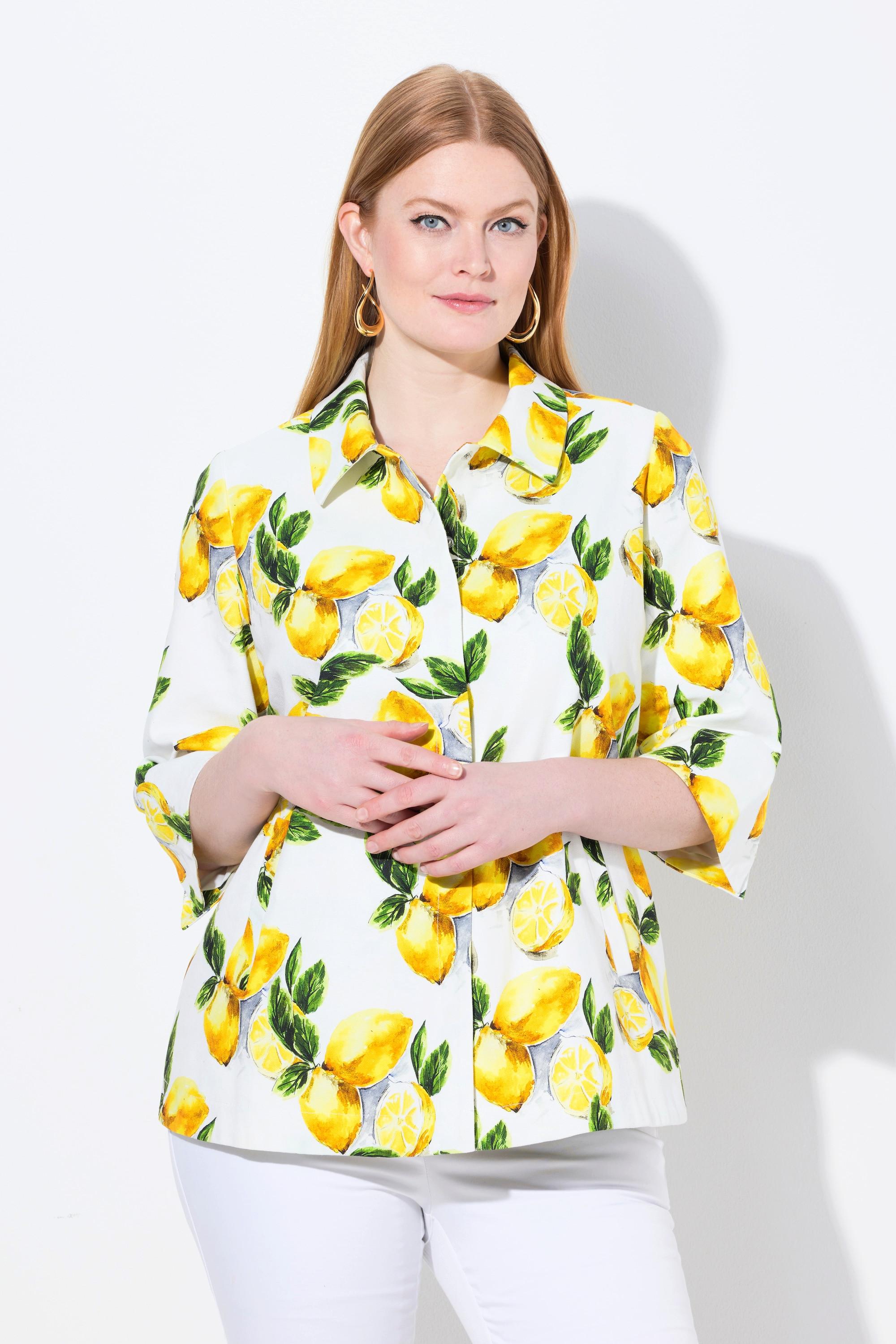 Ulla Popken Giacca Stampa Limoni A-Line Collo Camicia Maniche 3/4  