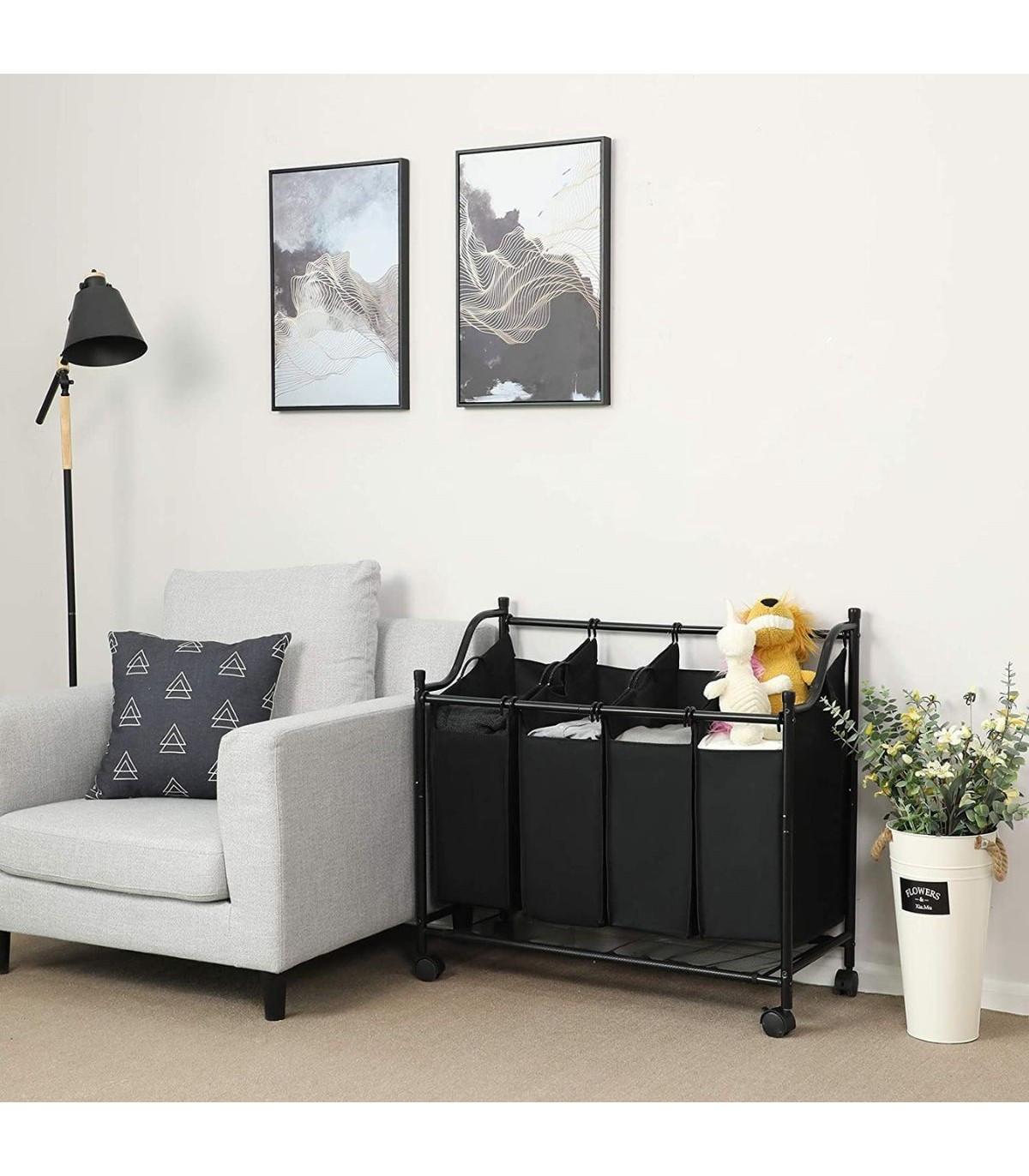 Calicosy Bac à linge avec 4 sacs amovibles noirs sur roulettes  