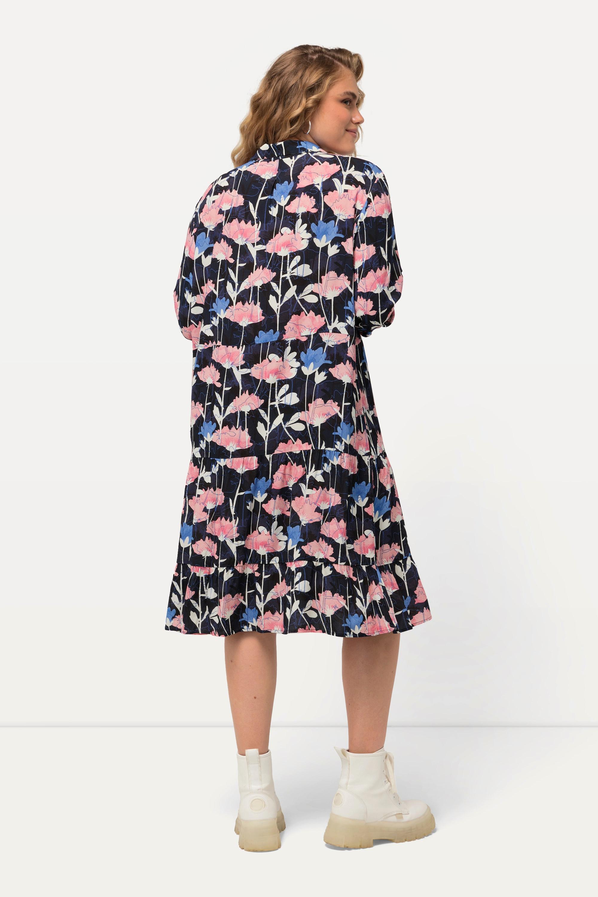 Ulla Popken  Robe midi à manches longues, imprimé fleurs esprit aquarelle, col chemise 