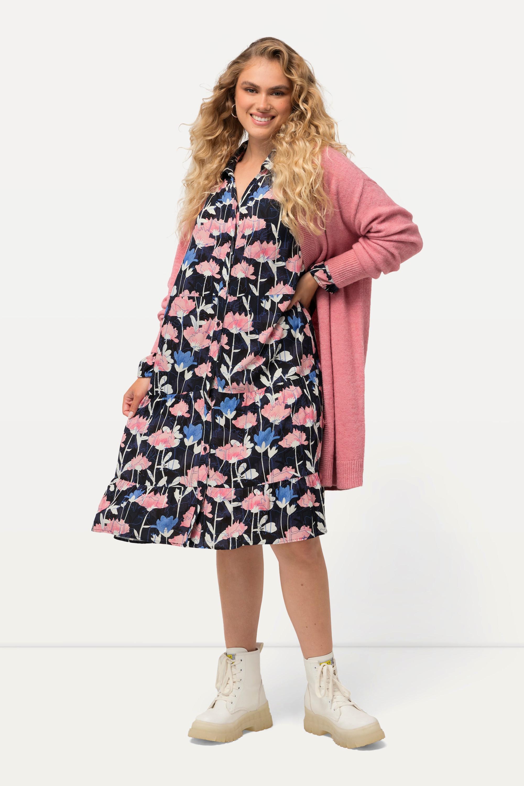 Ulla Popken  Robe midi à manches longues, imprimé fleurs esprit aquarelle, col chemise 