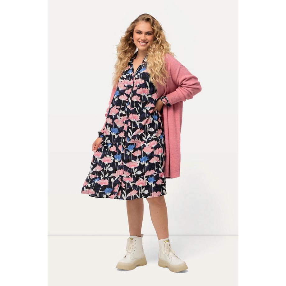 Ulla Popken Robe Midi Fleurs Aquarelle Col Chemise Manches Longues  