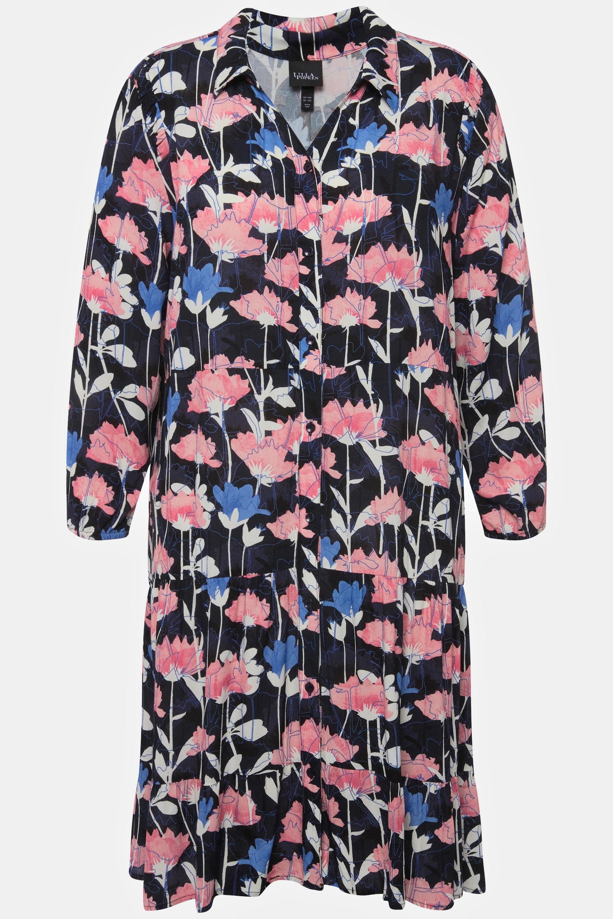 Ulla Popken  Robe midi à manches longues, imprimé fleurs esprit aquarelle, col chemise 