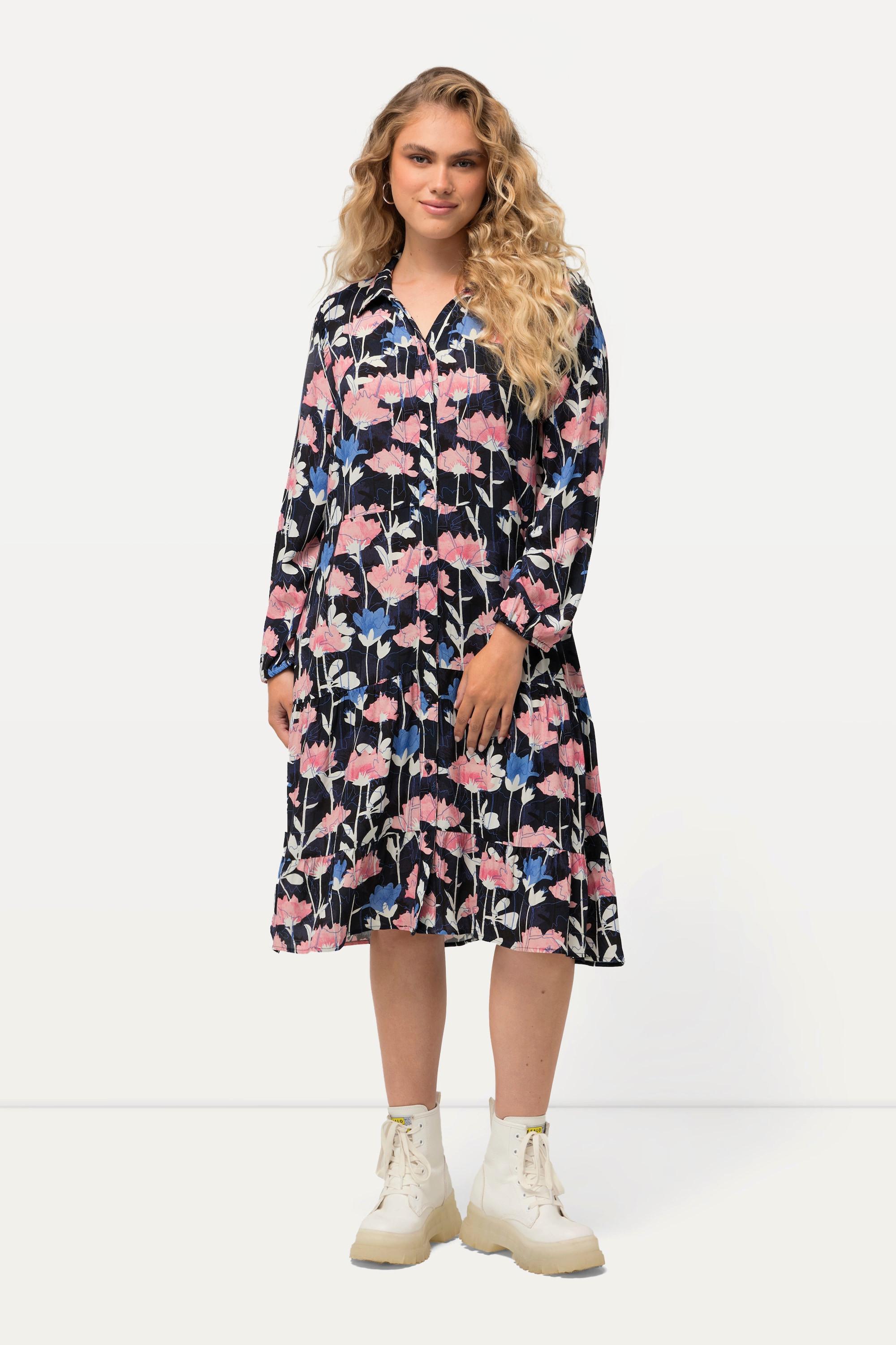 Ulla Popken  Robe midi à manches longues, imprimé fleurs esprit aquarelle, col chemise 