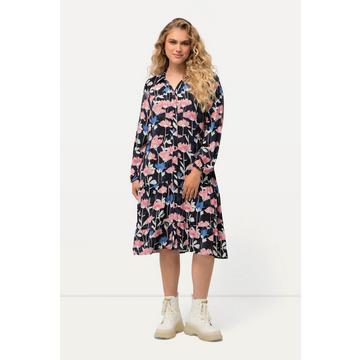 Abito midi con fiori a effetto acquarello, collo da camicia e maniche lunghe