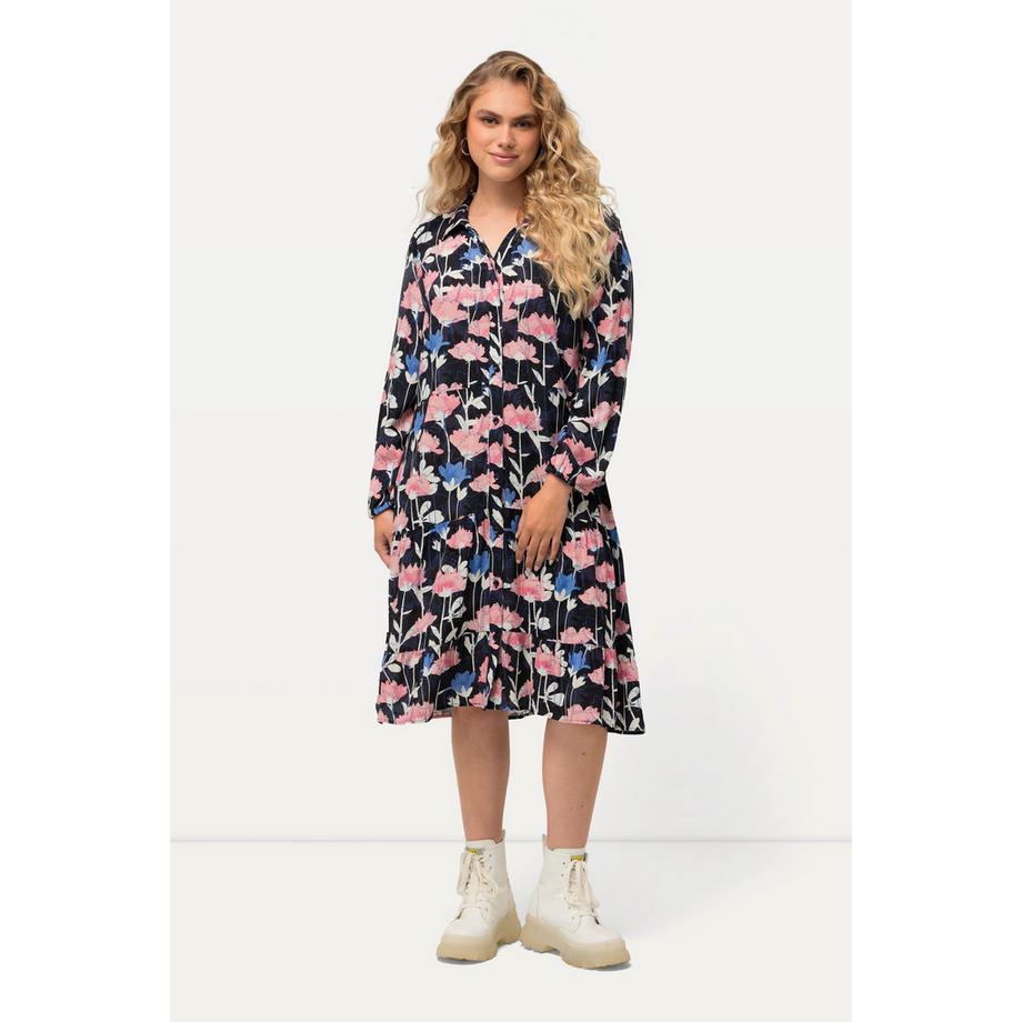 Ulla Popken Robe Midi Fleurs Aquarelle Col Chemise Manches Longues  
