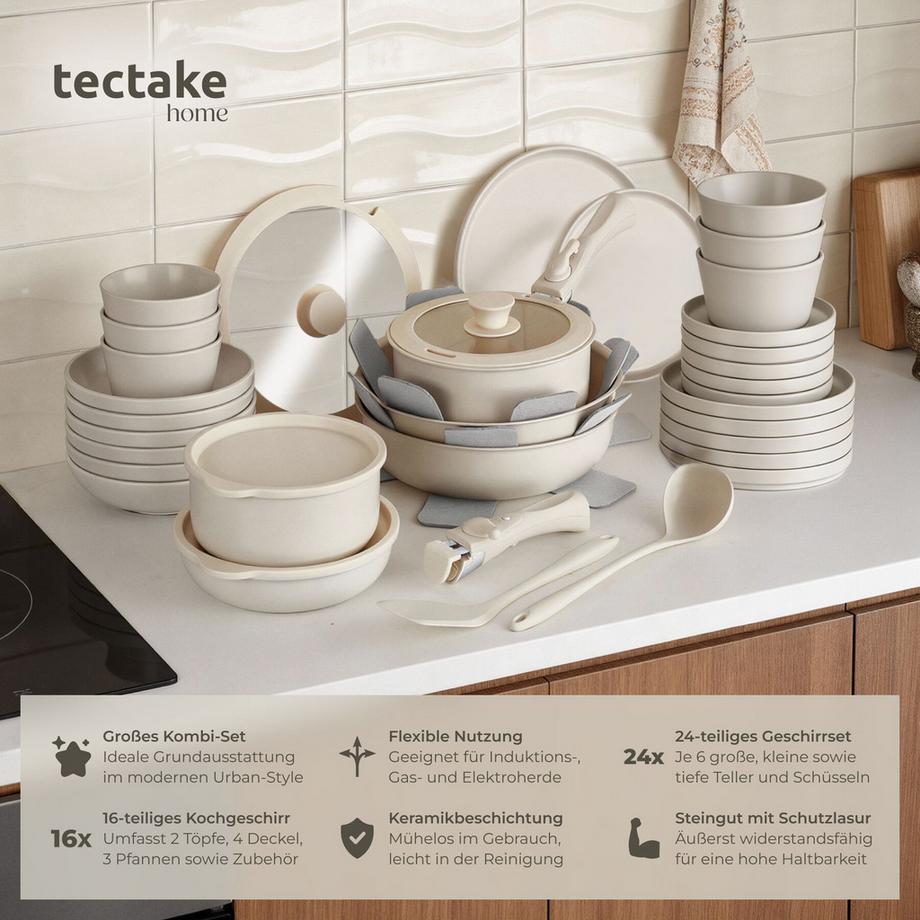 Tectake Ensemble de vaisselle et kit de cuisine UNA/GENUA Ensemble de vaisselle en grès émaillé  