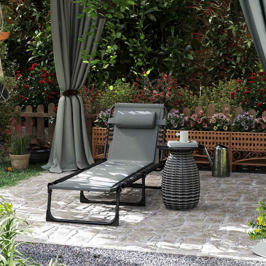 Northio Sonnenliege klappbar Gartenliege mit Kopfkissen Seitentasche, Polstert Liegestuhl mit 5-Fach verstellbare Rückenlehne, wetterfeste Campingliege bis 120 kg belast, für Garten Strand Dunkelgrau Aosom  