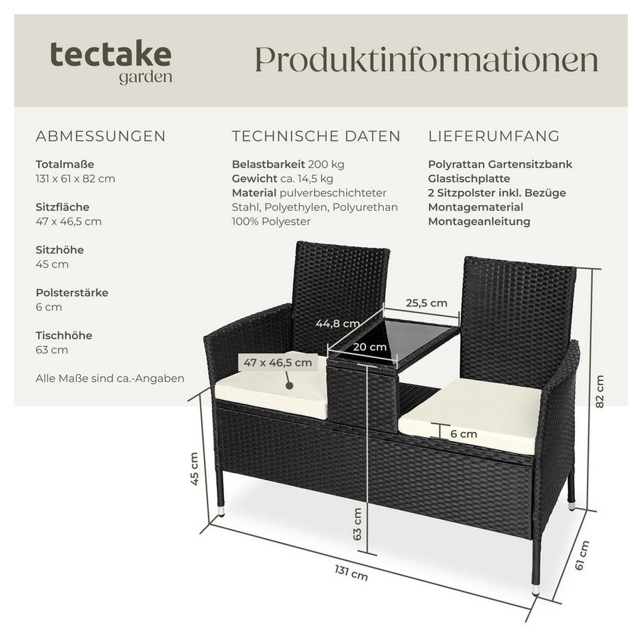 Tectake Rattan Gartensitzbank Narbonne 2-Sitzer widerstandsfähig  