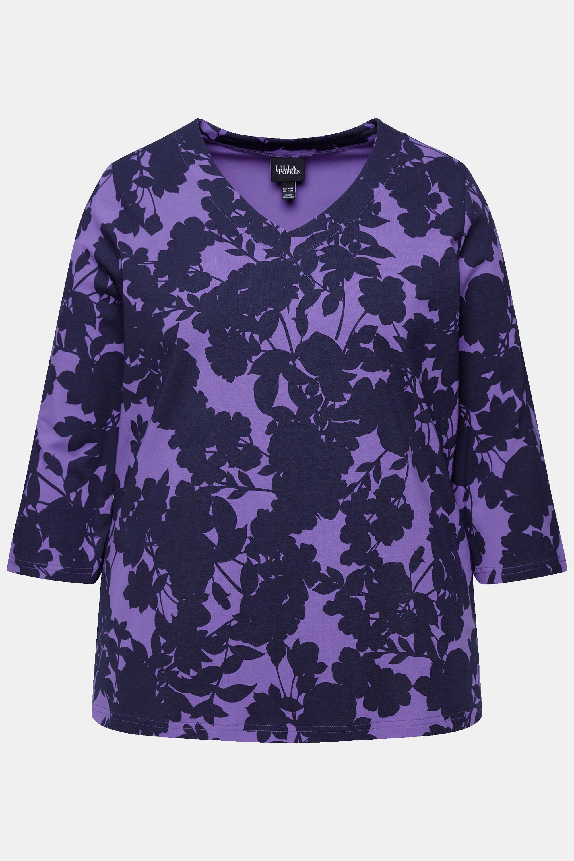 Ulla Popken  Shirt, Blüten, V-Ausschnitt, 3/4-Arm 