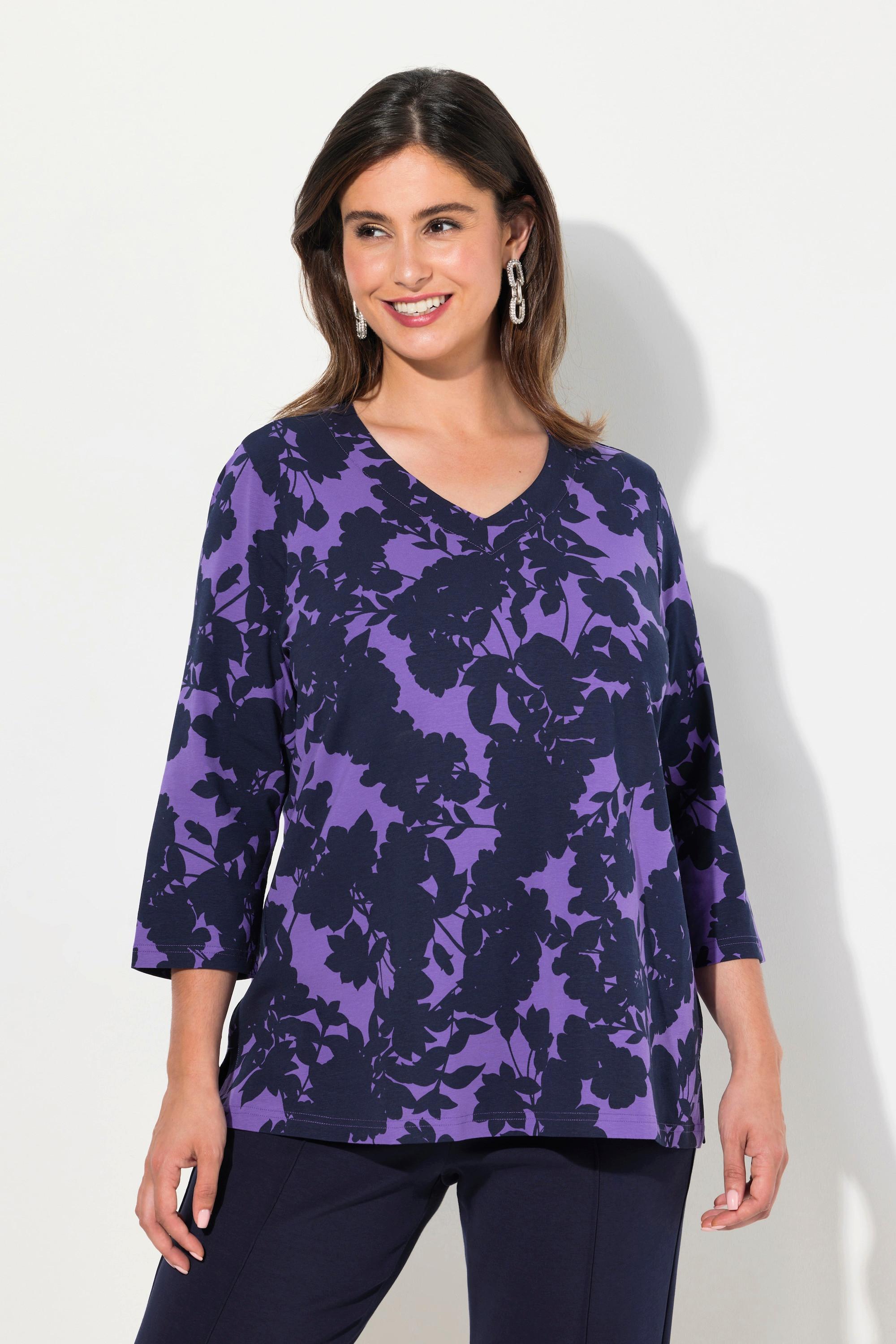 Ulla Popken  Shirt, Blüten, V-Ausschnitt, 3/4-Arm 