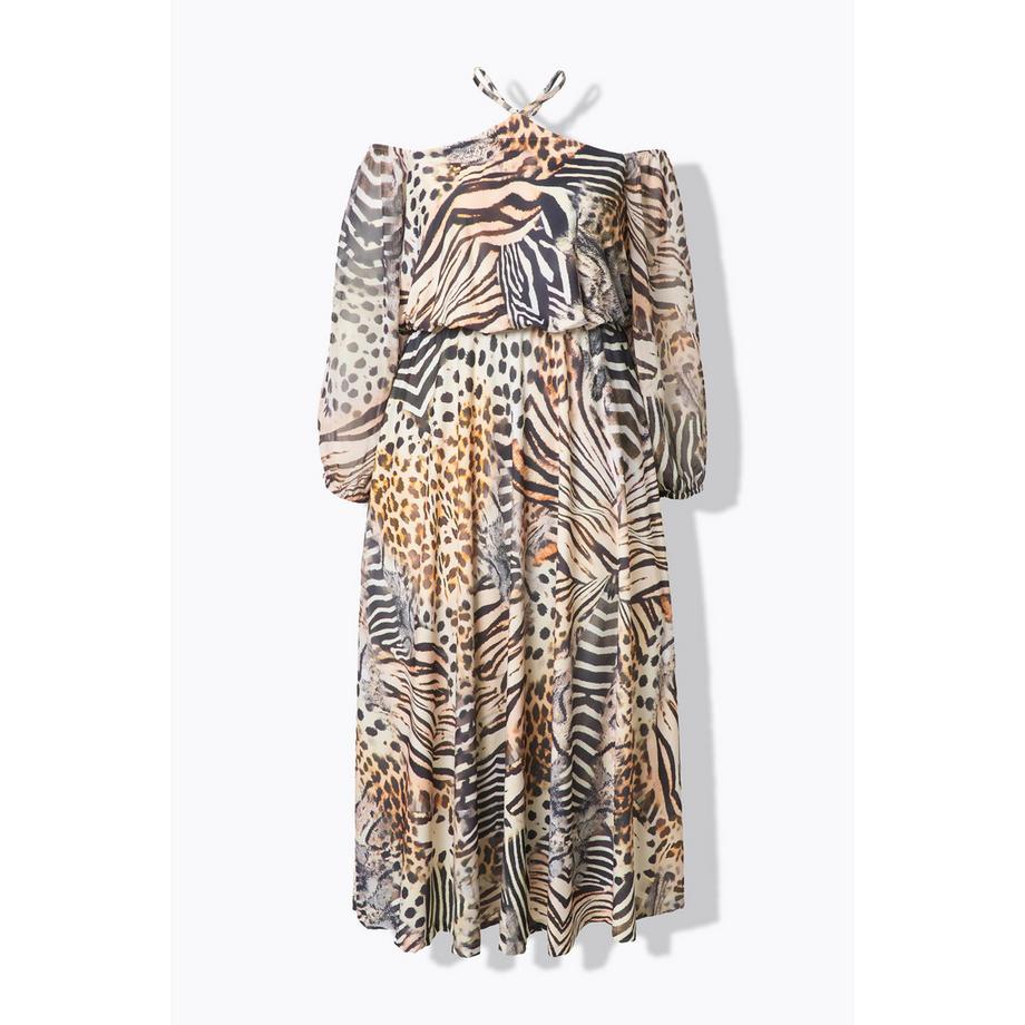 Ulla Popken Offshoulder Maxikleid Chiffon Animal Patchprint  