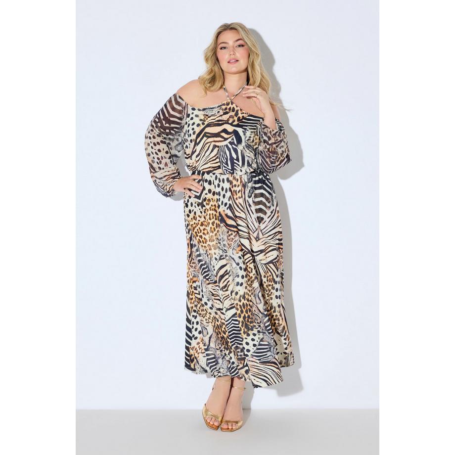 Ulla Popken Offshoulder Maxikleid Chiffon Animal Patchprint  