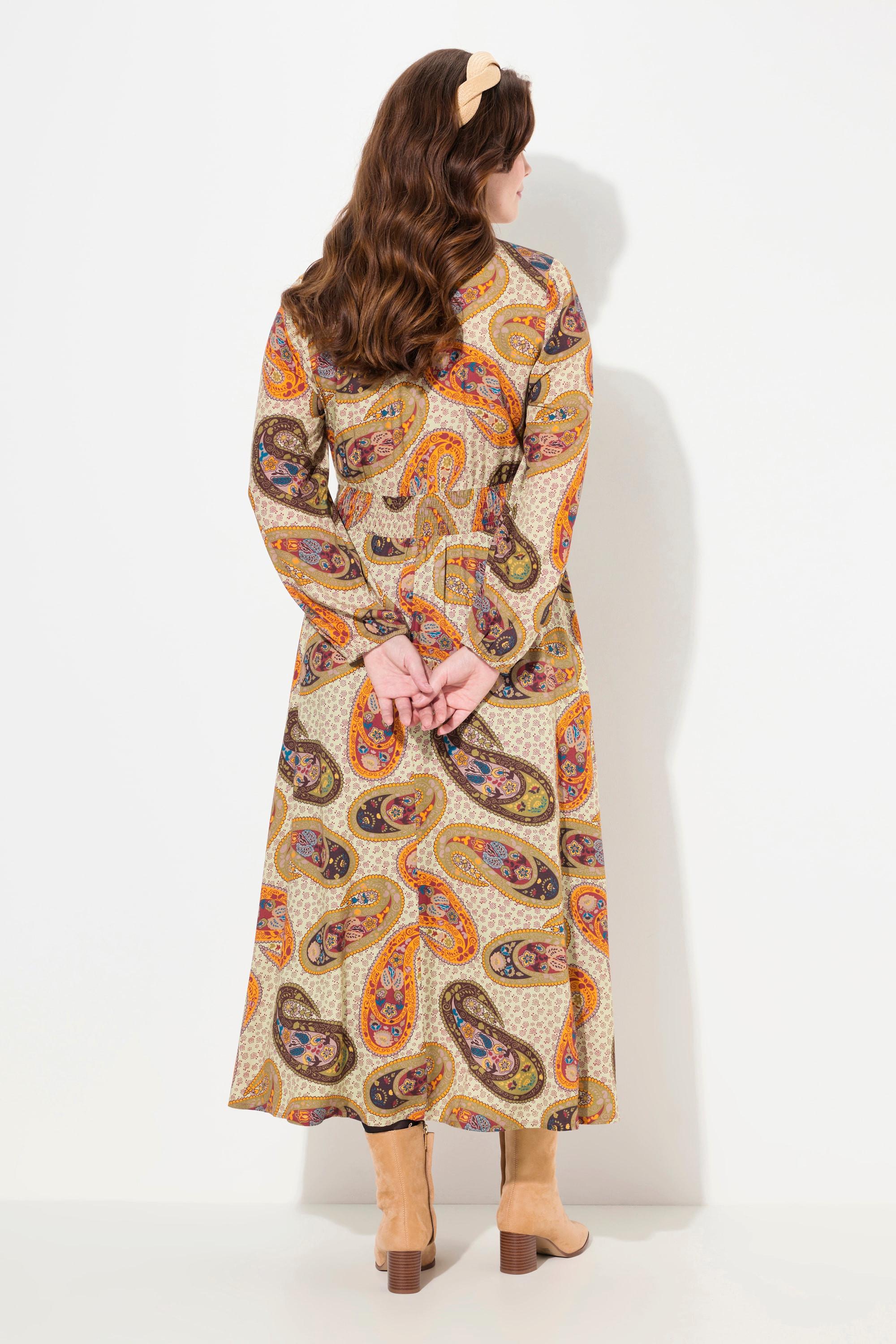 Ulla Popken Robe Maxi Paisley Coupe Évasée Col V Manches Longues  