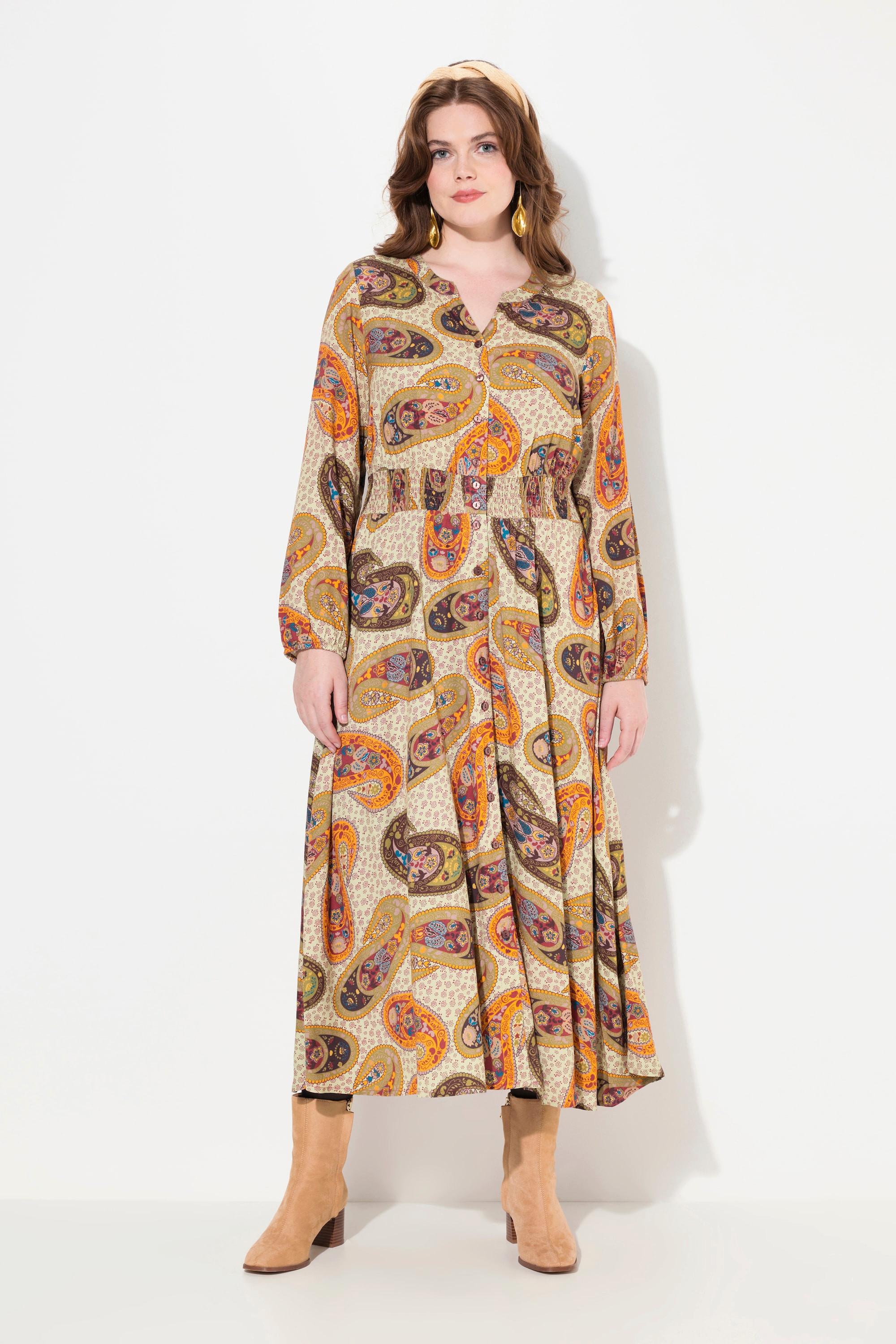 Ulla Popken Robe Maxi Paisley Coupe Évasée Col V Manches Longues  