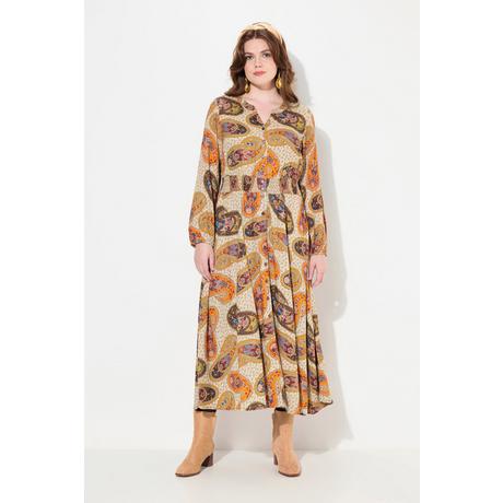 Ulla Popken Robe Maxi Paisley Coupe Évasée Col V Manches Longues  