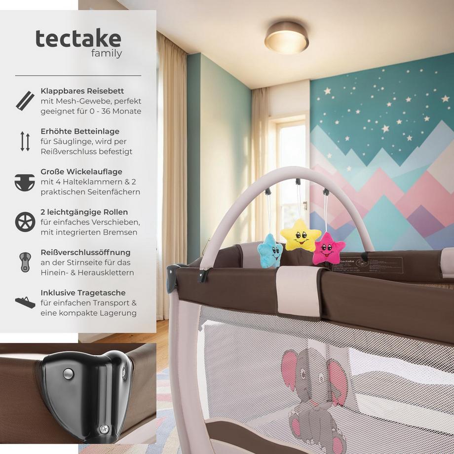 Tectake  Kinderreisebett Elefant mit Wickelauflage 