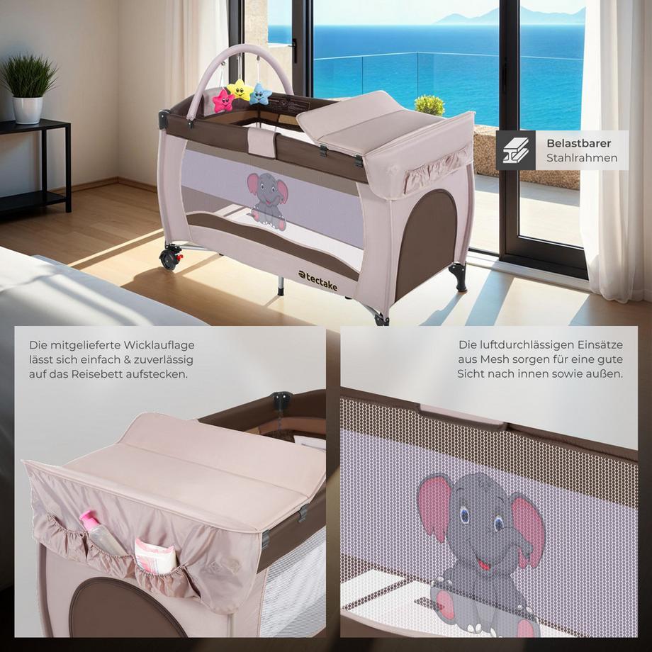 Tectake  Kinderreisebett Elefant mit Wickelauflage 