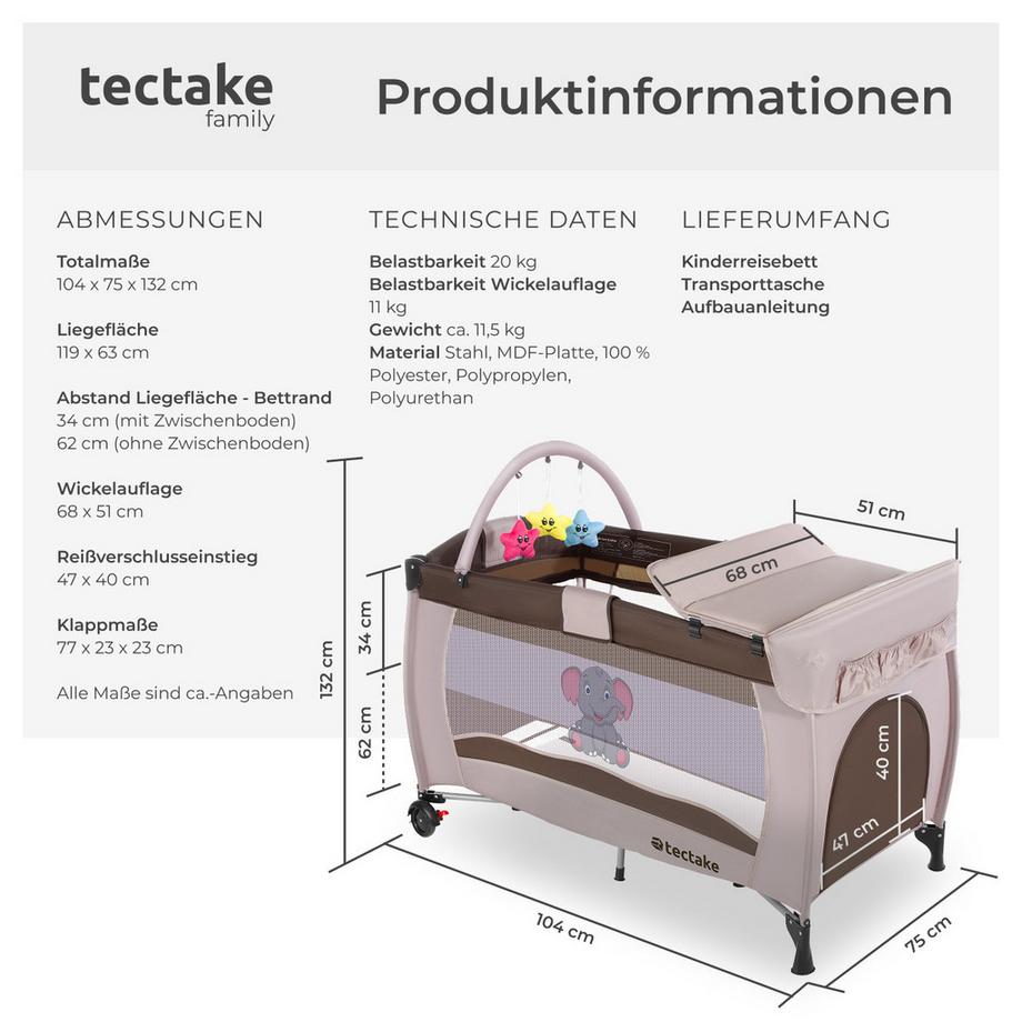 Tectake  Kinderreisebett Elefant mit Wickelauflage 