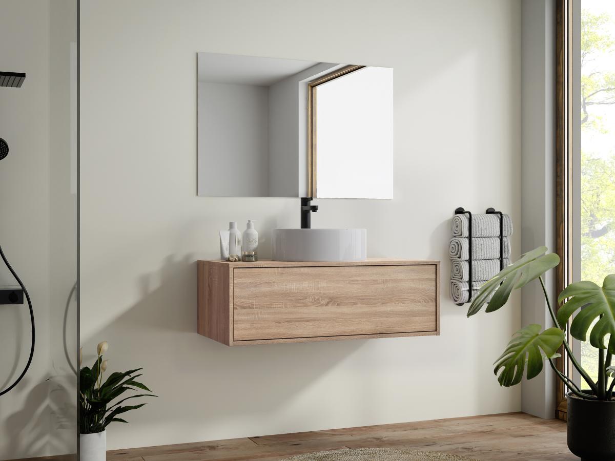 Vente-unique Mobile per bagno sospeso con lavabo singolo tondo 94 cm Naturale chiaro  - TEANA II  