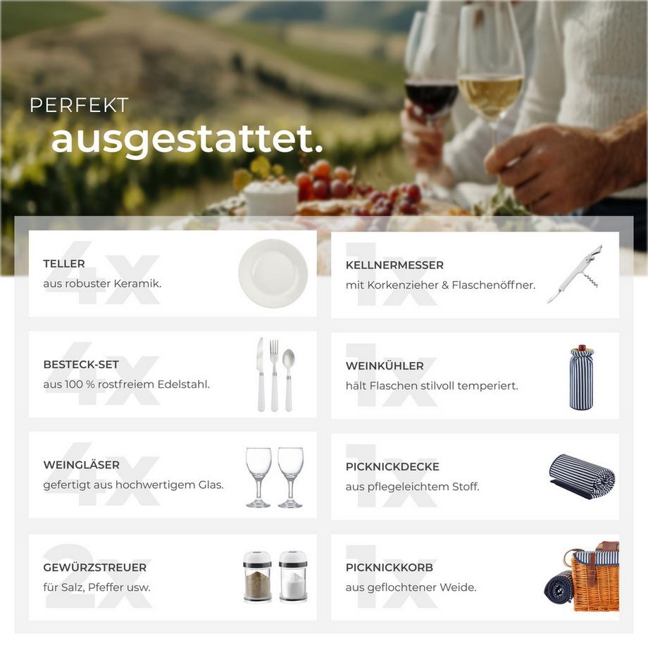 Tectake  Cestino da picnic Rügen Per 4 persone, con coperta da picnic 