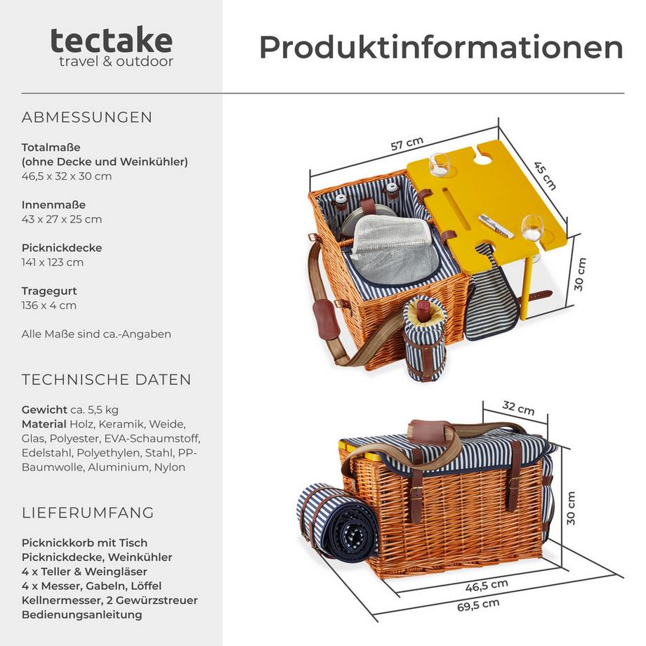 Tectake  Cestino da picnic Rügen Per 4 persone, con coperta da picnic 