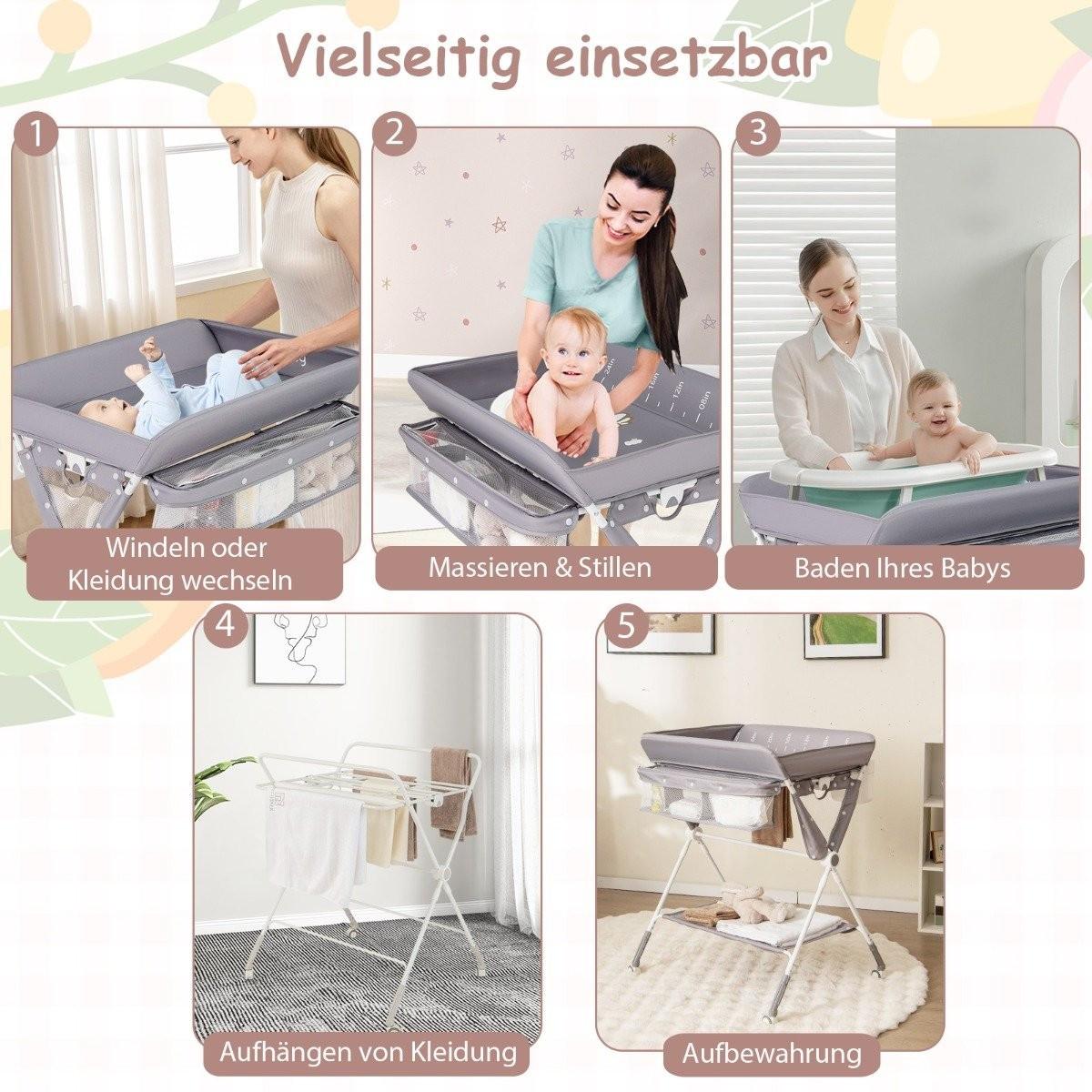 Northix  3 in 1 Klappbarer Wickeltisch mit Rollen & Mülleimer Mobile Wickelkommode Wickelstation Grau 