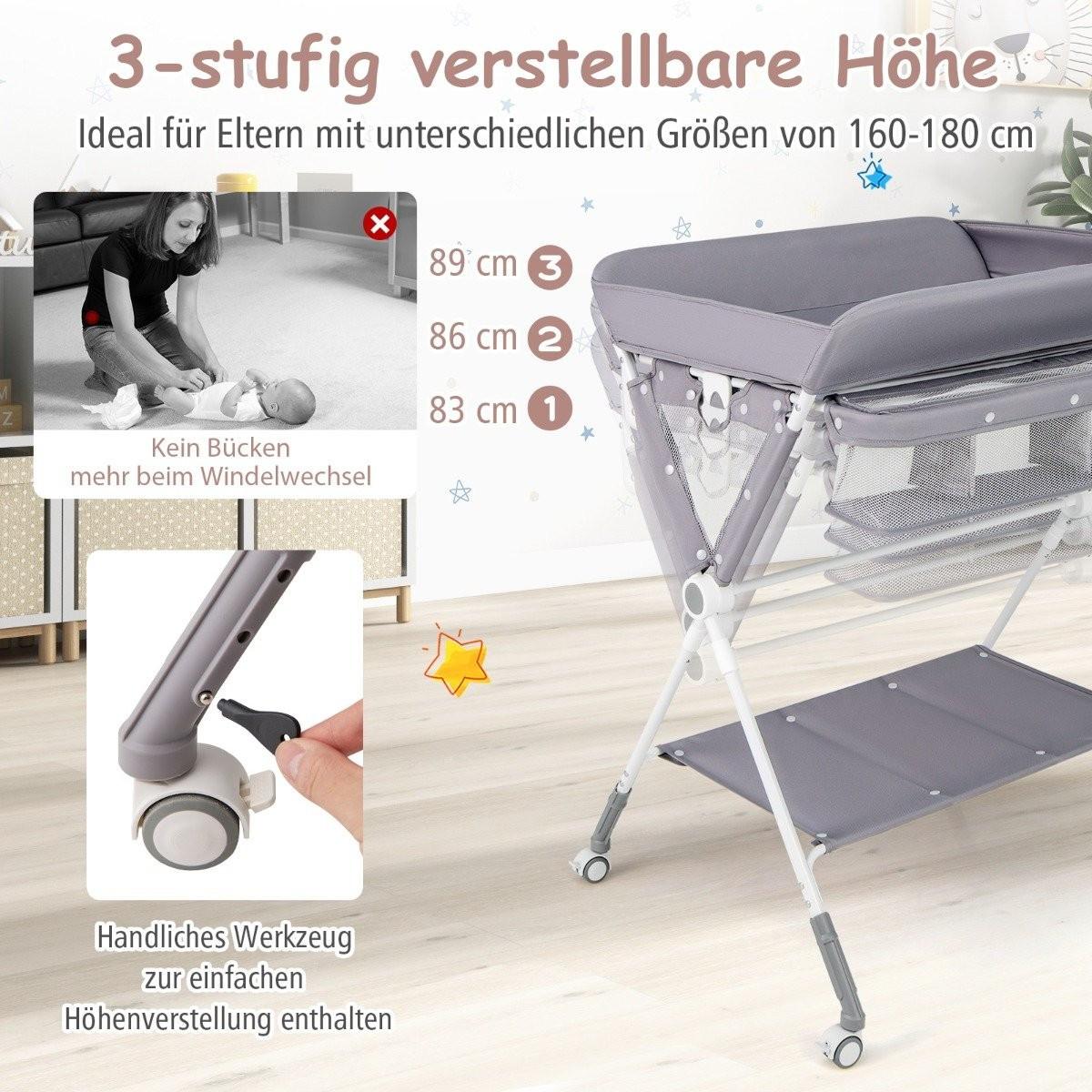 Northix  3 in 1 Klappbarer Wickeltisch mit Rollen & Mülleimer Mobile Wickelkommode Wickelstation Grau 