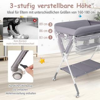 Northix  3 in 1 Klappbarer Wickeltisch mit Rollen & Mülleimer Mobile Wickelkommode Wickelstation Grau 