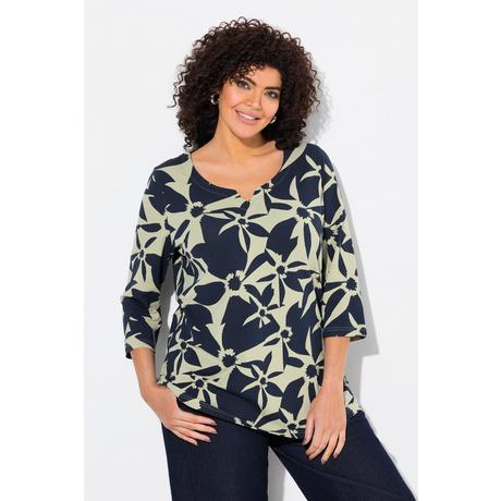 Ulla Popken  T-shirt à fleurs, col tunisien et manches 3/4, coupe Classic 