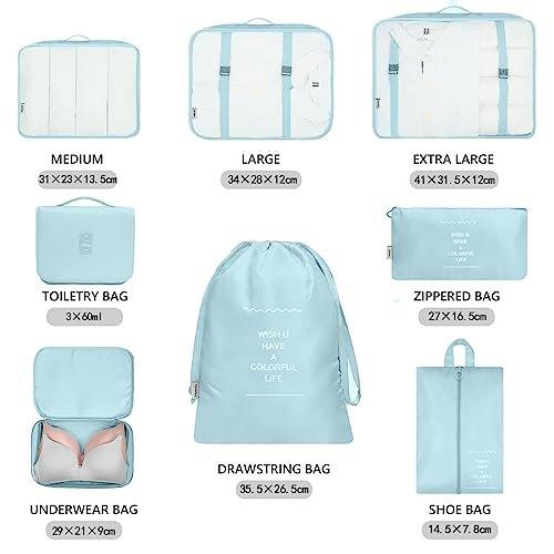 Only-bags.store  8-teilige Packwürfel, Kleidersäcke, Kofferorganisator für Urlaub und Reisen, Packwürfelset, Reisewürfel, Organisationssystem für Koffer - Blue Lake 