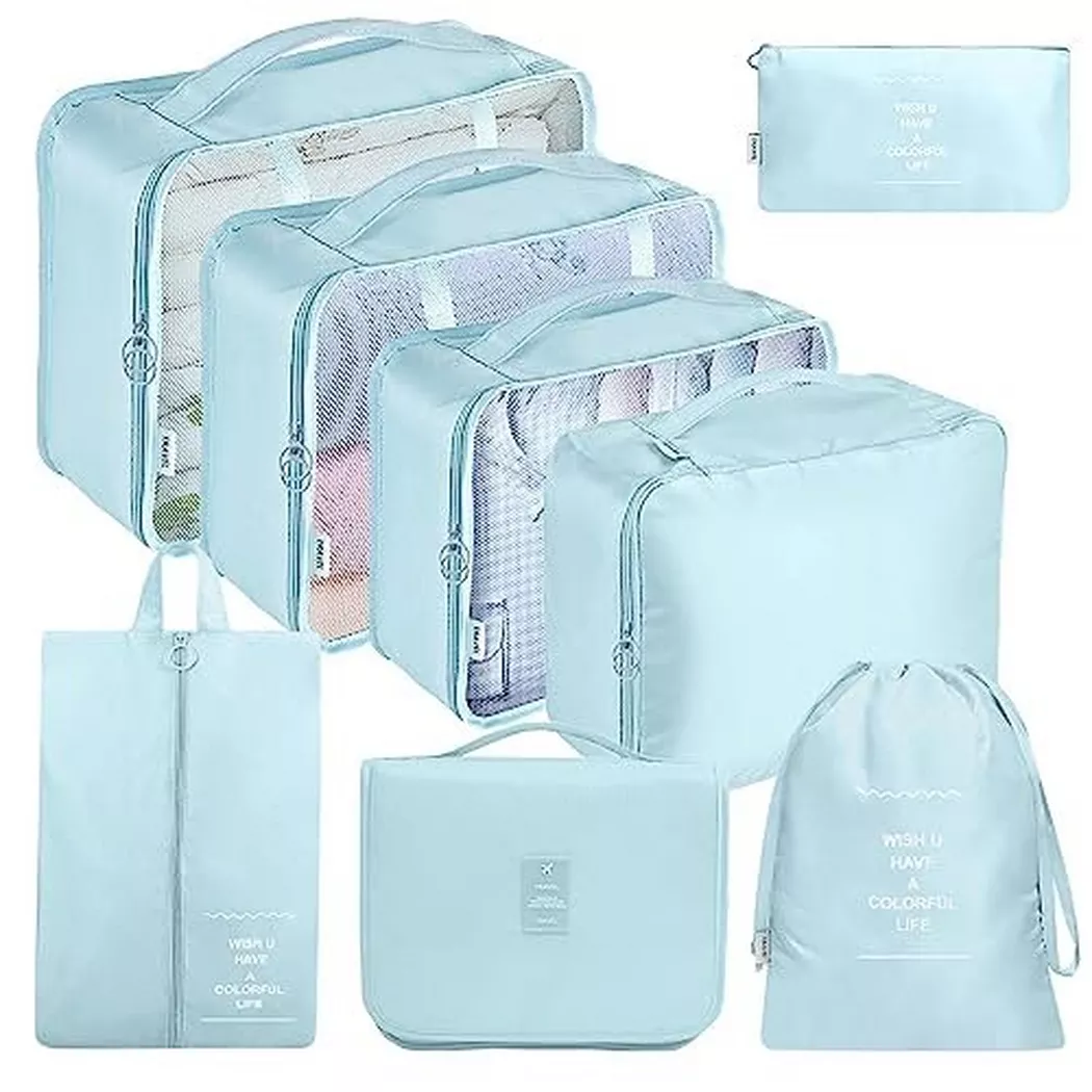 Only-bags.store - 8-teilige Packwürfel, Kleidersäcke, Kofferorganisator für Urlaub und Reisen, Packwürfelset, Reisewürfel, Organisationssystem für Koffer - Blue Lake, One Size
