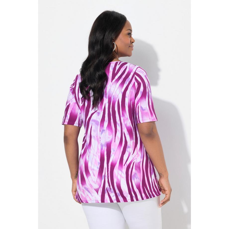 Ulla Popken T-Shirt Design Zebrato Taglio Svasato Scollo Rotondo Mezze Maniche  