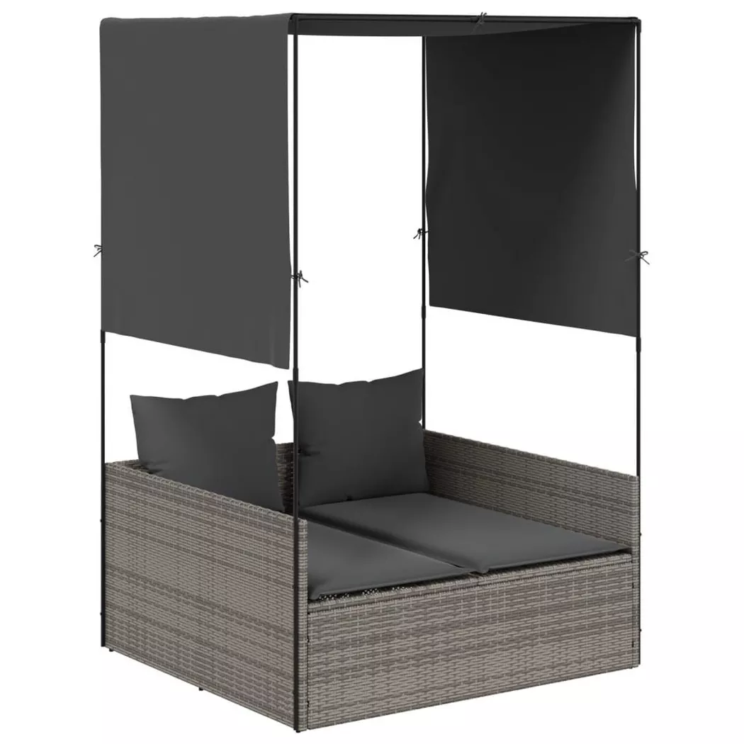 vidaXL Chaise longue double avec toit et rideaux gris résine tressée
