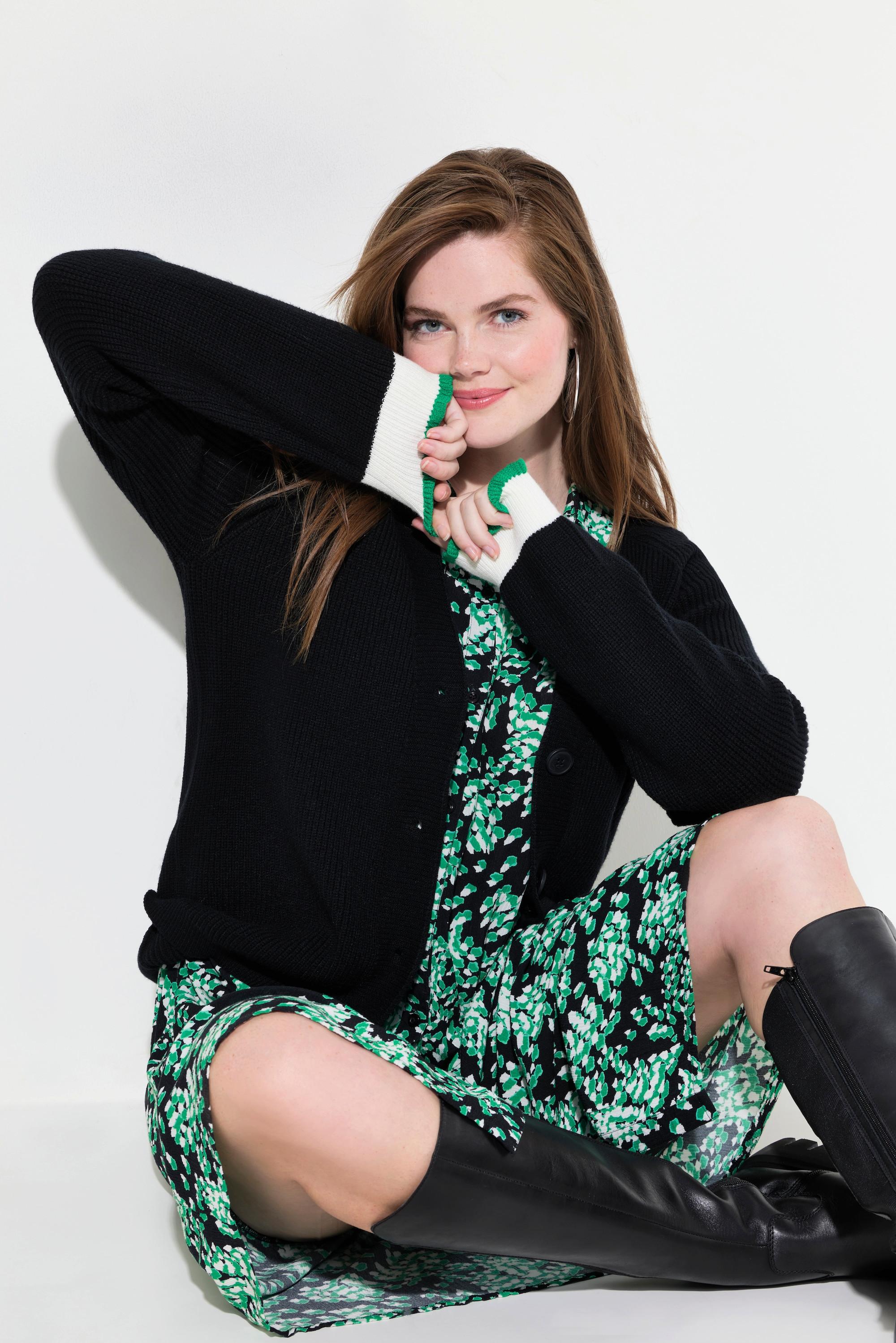 Ulla Popken Strickjacke Schmuck-Bündchen V-Ausschnitt  