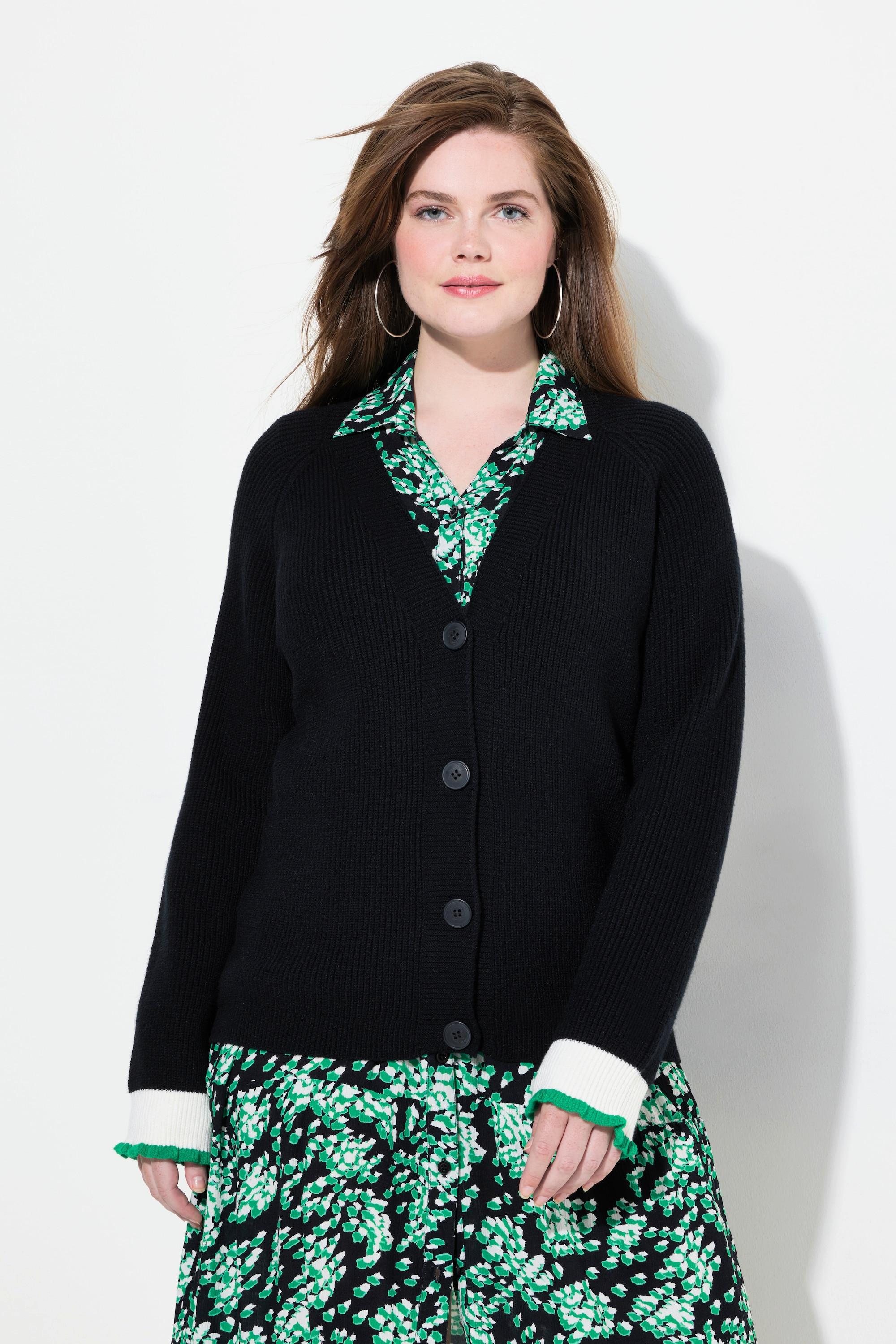 Ulla Popken Strickjacke Schmuck-Bündchen V-Ausschnitt  